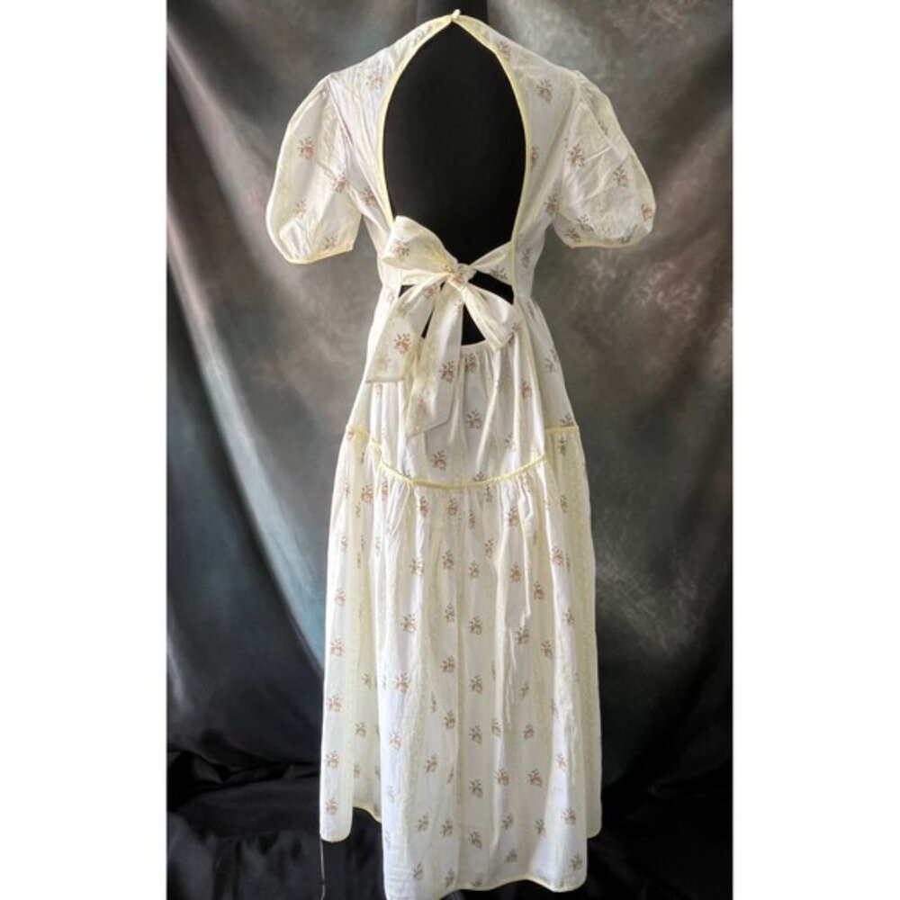 Glamorous Womens Floral Midi Dress Puff Sleeve Open Back Tie Yellow Trim - Picture 4 of 8